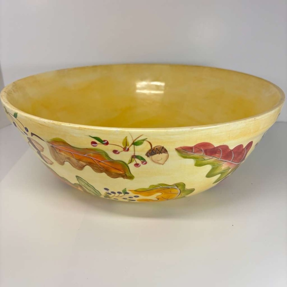 ZRIKE HARVEST LEAVES ACORNS‎ 12 3/8" ROUND SERVING BOWL HAND PAINTED YELLOW